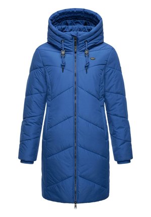 Blauwe geïsoleerde jas met capuchon, voorzien van een geborduurd patroon, een rits aan de voorkant en verstelbare trekkoorden. Gladde textuur en lange mouwen.