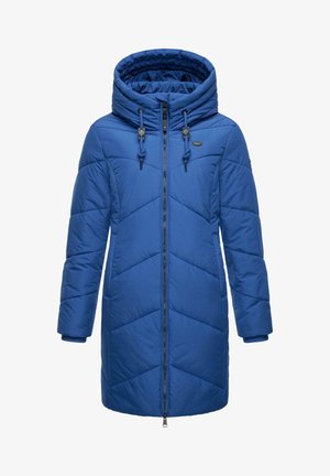 Blå isolerad jacka med huva, med ett quiltat mönster, framdragkedja och justerbara dragsnören. Slät textur och långa ärmar.