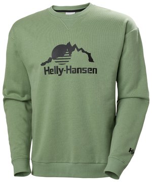Sudadera verde con cuello redondo, puños y ribete acanalados. Presenta un gráfico negro con un diseño de montañas y sol, con el nombre de la marca debajo.