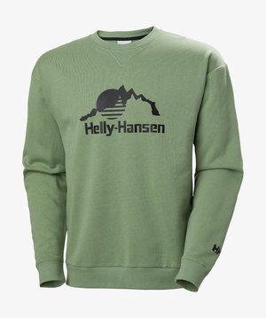 Groene sweatshirt met een ronde hals, ribgebreide manchetten en onderrand. Voorzien van een zwart grafisch ontwerp met bergen en zon, met de merknaam eronder.