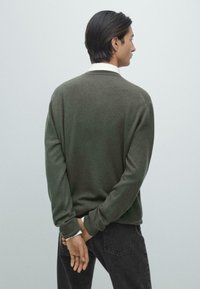 Olivgrön tröja i stickat tyg med rund halsringning, långa ärmar och avslappnad passform, bärs över en vit skjorta med krage och kombineras med mörka jeans.