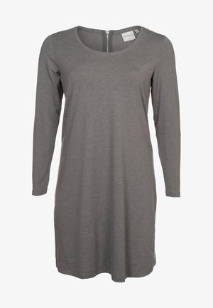 Pitkähihainen harmaa mekko, valmistettu pehmeästä kankaasta, jossa on pyöreä pääntie ja vetoketjusuljenta takana. Suora leikkaus, helma hieman polven yläpuolella.