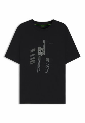 Black cotton t-shirt featuring a graphic print of abstract geometric shapes in white and grey, with a crew neck and short sleeves.