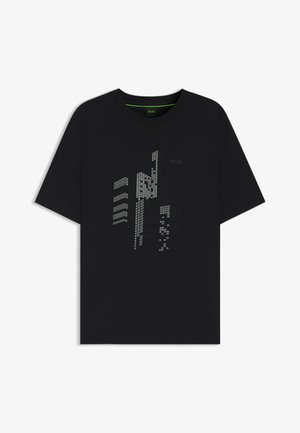 Black cotton t-shirt featuring a graphic print of abstract geometric shapes in white and grey, with a crew neck and short sleeves.