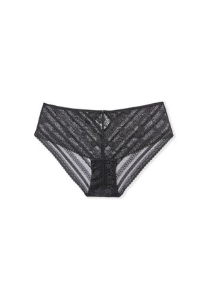 Culotte en dentelle noire présentant un motif géométrique, des bords festonnés et un panneau contrastant à double épaisseur au dos.