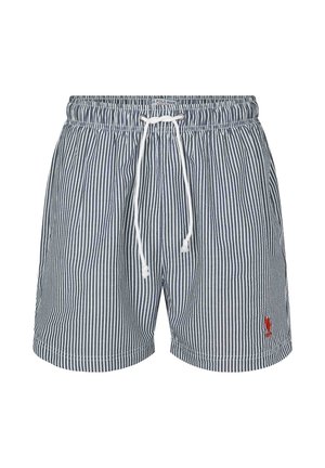 Herren Badeshorts in Marineblau mit weißen vertikalen Streifen, ausgestattet mit einem elastischen Bund und einer weißen Schnur sowie einem roten Logoakzent.