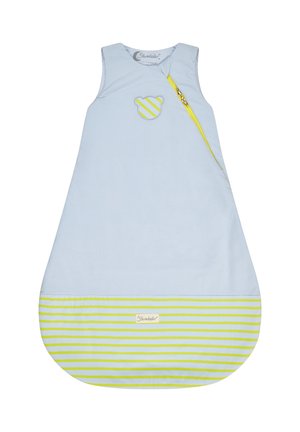 Sleeveless baby sleeping bag in light blue with yellow striped bear patch, diagonal yellow zipper, and yellow-striped bottom panel.