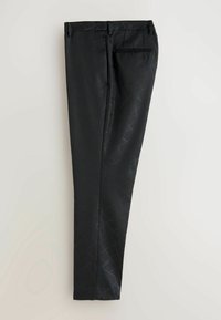 Black tailored pants with a geometric pattern, smooth texture, slim fit, and side pocket. Features a zip fly and belt loops.