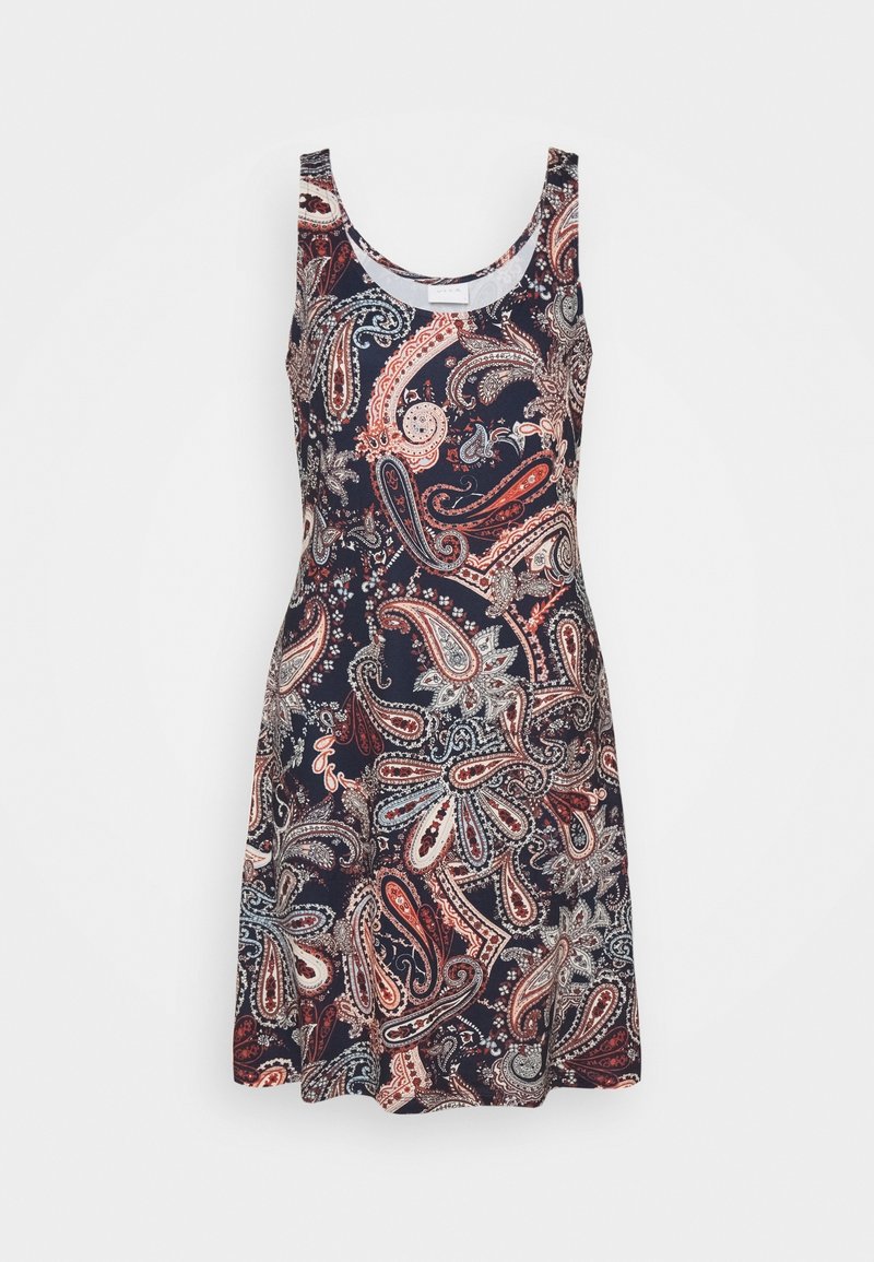 Robe trapèze sans manches avec un fond bleu marine, recouverte d’un motif cachemire coloré et complexe dans des tons de rouge, blanc et bleu clair.