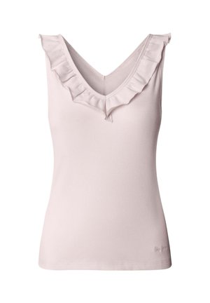 Top sin mangas de color rosa claro con escote en V y detalles de volantes a lo largo del escote. Hecho de un material acanalado, tiene un diseño ajustado.