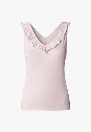 Gaiši rozā bezroku tops ar V veida izgriezumu un volānu detaļām pie kakla. Izgatavots no ribotas materiāla, tam ir pieguļošs dizains.