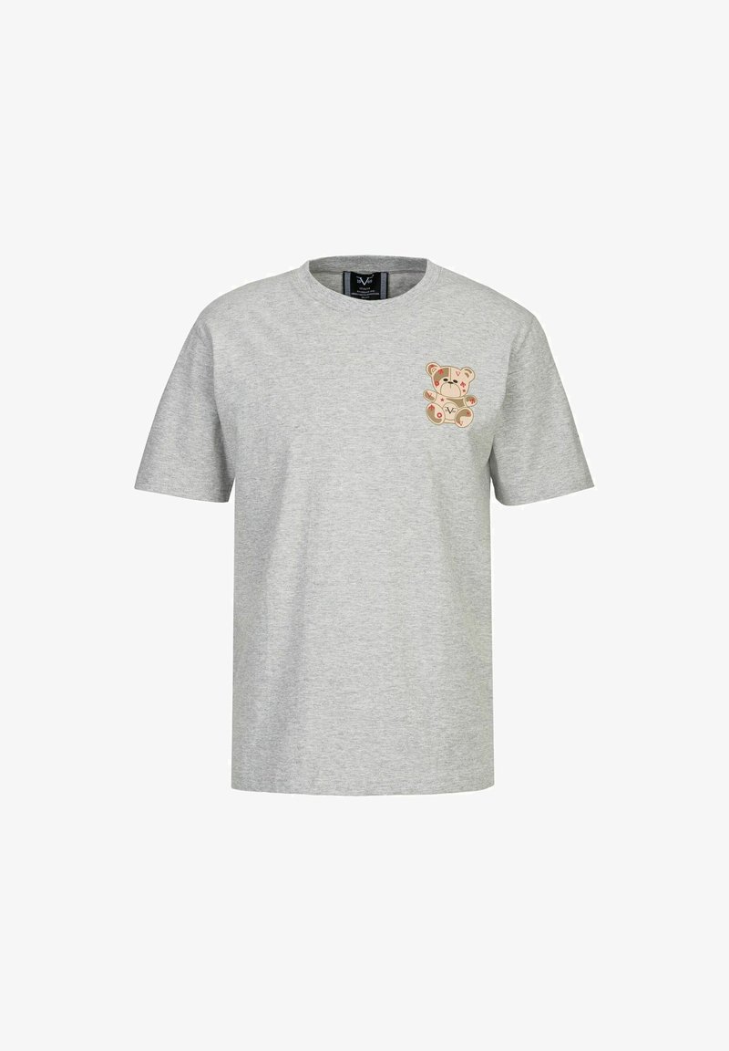 Grijze katoenen t-shirt met een klein, bedrukt berenontwerp in zachte kleuren op de linkerkant van de borst. Korte mouwen en ronde halsstijl.