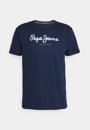 Navy blue cotton t-shirt featuring a rounded neckline and short sleeves. Includes white "Pepe Jeans" script and "LONDON" in green beneath.