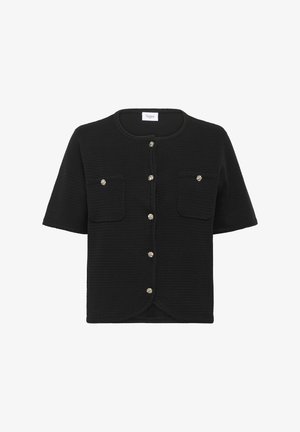 Crni kratki kardigan s kratkim rukavima napravljen od teksturirane tkanine, s dva prednja džepa i ukrašen dekorativnim gumbima. Izrez u obliku polukruga.