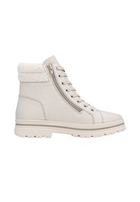Bottines beige en cuir texturé avec un col en fausse fourrure, présentant une fermeture éclair latérale, un devant lacé et une semelle robuste.
