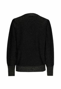 Zwarte trui met lange mouwen, met een subtiele glinsterende textuur, geribbelde manchetten en zoom, van achteren weergegeven op een witte achtergrond.