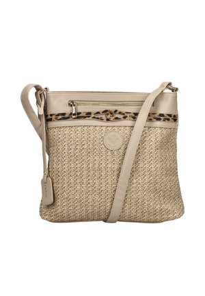 Sac bandoulière tissé beige avec garniture en cuir, poche avant zippée, détail de bande à imprimé léopard et sangle réglable.