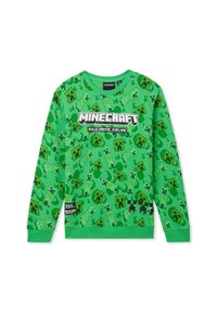 Felpa verde con motivo a tema Minecraft, caratterizzato da facce di Creeper e disegni di blocchi. Il testo recita "MINECRAFT COSTRUISCI, CREA, ESPLORA."