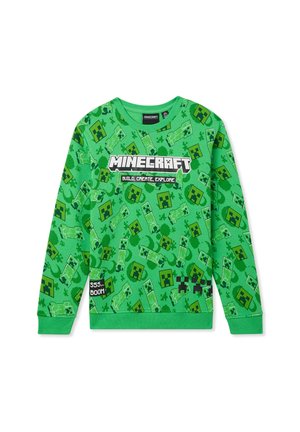 Felpa verde con motivo a tema Minecraft, caratterizzato da facce di Creeper e disegni di blocchi. Il testo recita "MINECRAFT COSTRUISCI, CREA, ESPLORA."
