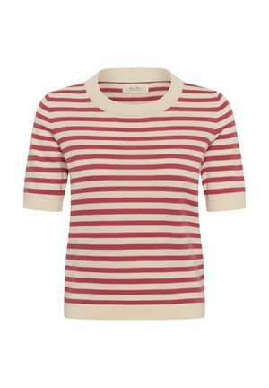 Top tricotat cu mâneci scurte, cu dungi orizontale crem și roșu estompat, guler rotund și manșete nervurate.