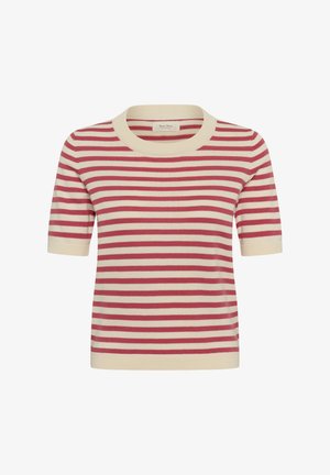 Top tricotat cu mâneci scurte, cu dungi orizontale crem și roșu estompat, guler rotund și manșete nervurate.
