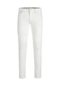 Jeans in denim bianco con una vestibilità slim, dotati di cinque tasche, chiusura frontale con bottone e una vita interna a motivo.