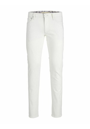 Biele denimové džínsy so slim fit strihom, s piatimi vreckami, predným zapínaním na gombík a vzorovaným vnútorným pásom.