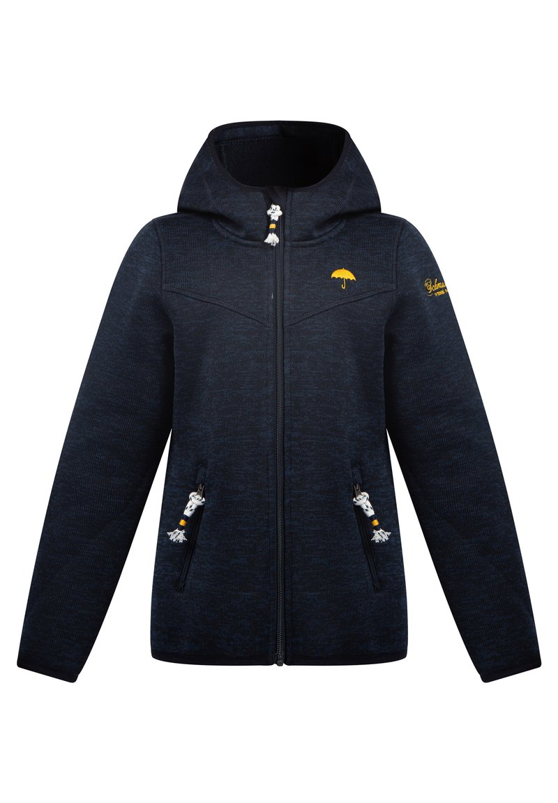 Mornarsko modra zip-up jakna z kapuco, ki ima izvezeno logo dežnika, dva sprednja žepa z zadrgo in vrvice z uhani.