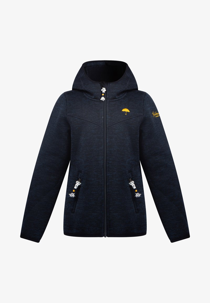 Mornarsko modra zip-up jakna z kapuco, ki ima izvezeno logo dežnika, dva sprednja žepa z zadrgo in vrvice z uhani.