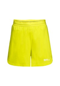 Fel geel shorts met een elastische tailleband, gemaakt van lichtgewicht materiaal. Heeft het "Jack Wolfskin"-logo aan de onderzijde rechts.
