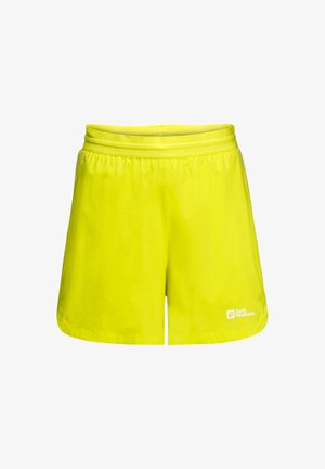 Shorts jaunes vifs avec une taille élastique, fabriqués en matériau léger. Présente le logo "Jack Wolfskin" en bas à droite.