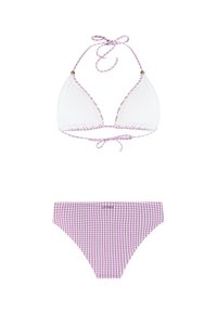 Witte bikini top met paarse ruitjesrand en lintjes; bijpassende paarse ruitjes bikini broekje met een gladde textuur en logodetail.