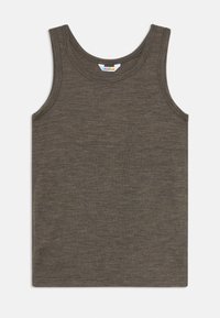 Débardeur en tricot brun sans manches avec encolure ronde, posé à plat, montrant un tissu doux et texturé ainsi qu'une petite étiquette colorée à l'intérieur du col.