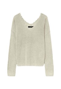 Maglione lavorato a maglia di colore grigio chiaro con scollatura a V, dettagli ondulati, spalle cadenti e maniche lunghe. Tessuto testurizzato con una vestibilità rilassata.