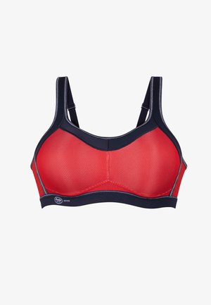 Reggiseno sportivo rosso con texture a rete, con dettagli navy, spalline regolabili e cuciture rinforzate per il supporto.
