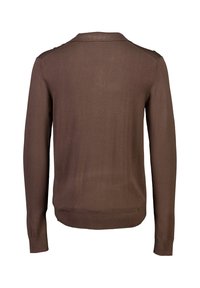 Ruskea pitkähihaine neulepaita, jossa on kauluksessa. Valmistettu pehmeästä kankaasta, jossa on resoriset hihansuut ja helma, sileä rakenne eikä muita kuvioita.