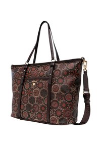 Borsa tote marrone con un motivo geometrico, dotata di due manici superiori e una tracolla removibile, realizzata in materiale testurizzato.