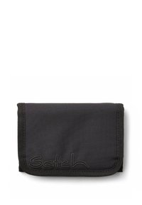 Black nylon wallet with a textured surface, featuring a simple fold-over design and the word "Satchel" embroidered in gray.