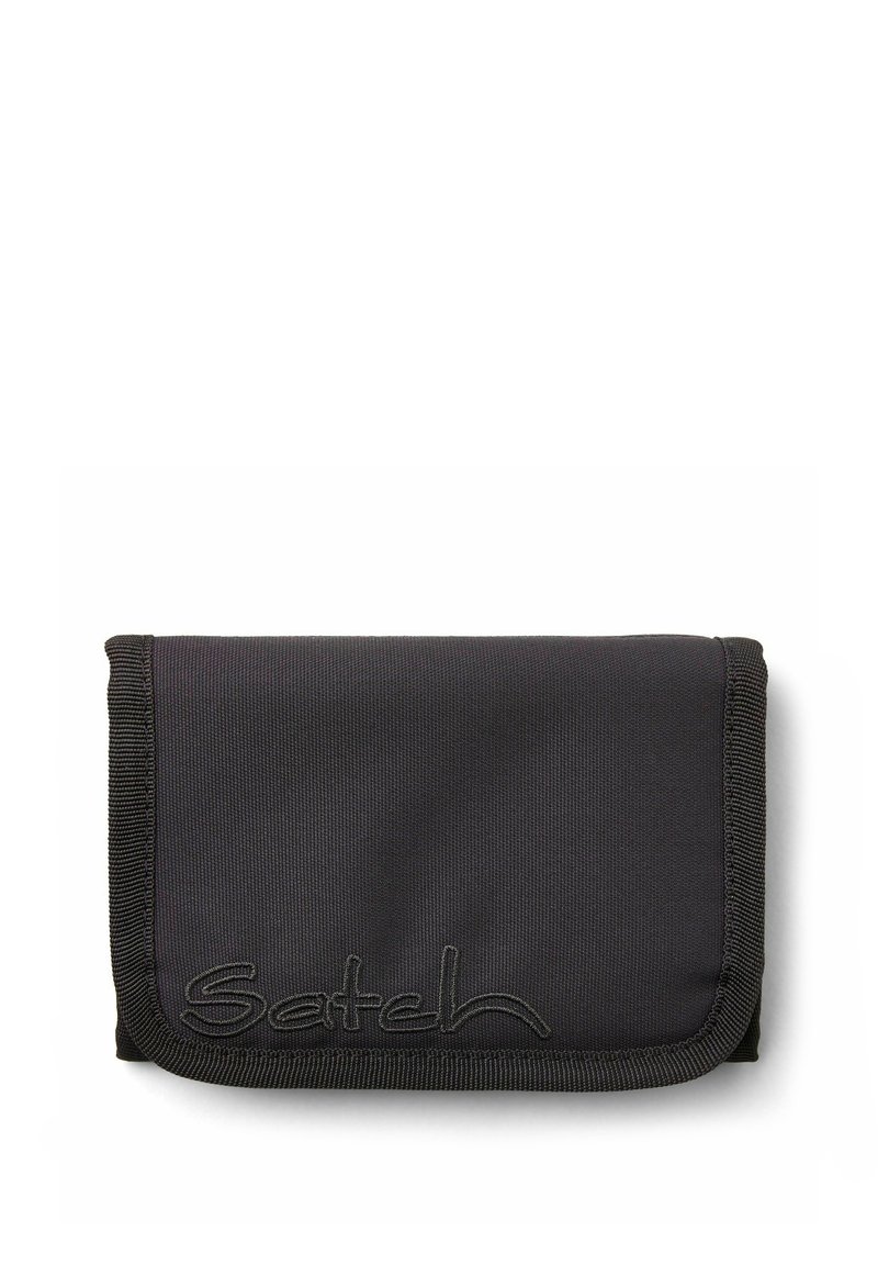 Black nylon wallet with a textured surface, featuring a simple fold-over design and the word "Satchel" embroidered in gray.