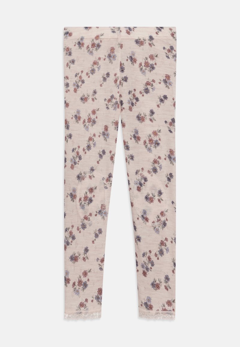 Leggings florais em bege claro com pequeno padrão de flores roxas e rosas. Tecido suave, corte ajustado, acabamento em renda no tornozelo e remendo reforçado nos joelhos.