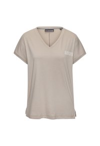 Beige V-Ausschnitt T-Shirt aus weichem Baumwollmaterial. Kurzärmlig, dezentes Logo auf der Brust und Seitenschlitze am Saum für mehr Bewegungsfreiheit.