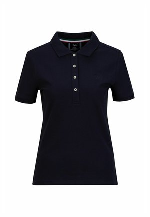 Marineblauwe polo met een klassieke kraag, een vijf knopen sluiting en een subtiele logo op de borst. Zacht katoen materiaal met korte mouwen.