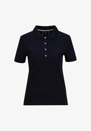 Marineblaues Poloshirt mit klassischem Kragen, einer Knopfleiste mit fünf Knöpfen und einem dezenten Logo auf der Brust. Weiches Baumwollmaterial mit kurzen Ärmeln.