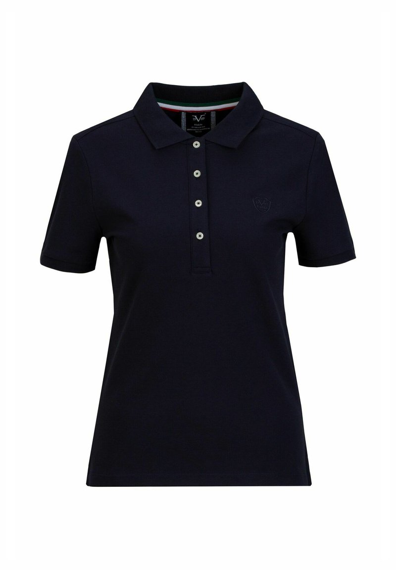 Marineblauwe polo met een klassieke kraag, een vijf knopen sluiting en een subtiele logo op de borst. Zacht katoen materiaal met korte mouwen.