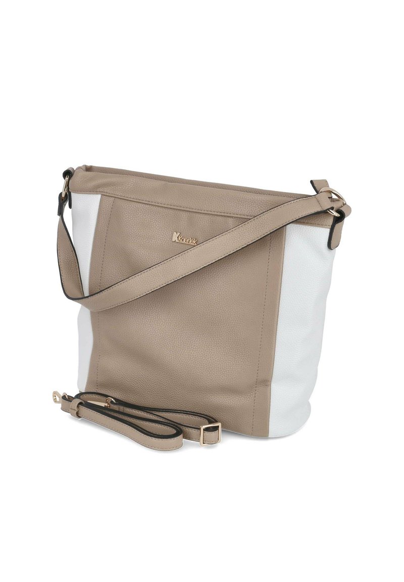 Sac à bandoulière en cuir beige et blanc avec une finition texturée, doté d'une sangle ajustable et d'accents en métal doré.