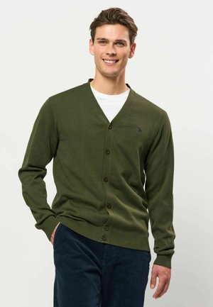 Junger Mann lächelt, trägt eine olivgrüne, geknöpfte Strickjacke über einem weißen Hemd und dunkelblaue Hosen, steht mit einer Hand in der Tasche.