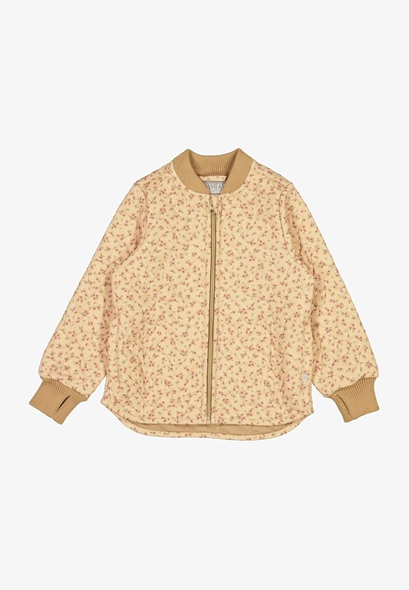 Veste matelassée beige pour enfant avec fermeture éclair sur le devant, petit imprimé floral rose, col et poignets en côtes de couleur marron clair.