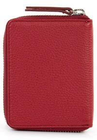 Rotes strukturiertes Lederportemonnaie mit Reißverschluss. Das Portemonnaie verfügt über einen glatten Reißverschluss und eine kompakte rechteckige Form.