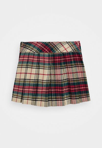 Karirani mini krilo z gubami, ki vsebuje rdeče, zelene in bež vzorce. Narejeno iz tkanine z gladko teksturo in tesnim pasom.