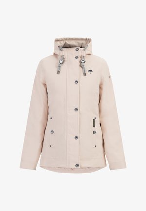 Jasnoróżowa wodoodporna kurtka z kapturem, srebrnymi detalami, akcentami w postaci troczków, guziki zatrzaskowymi oraz kieszeniami z przodu.